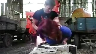 Redneck fucks his redhead gf on the farm