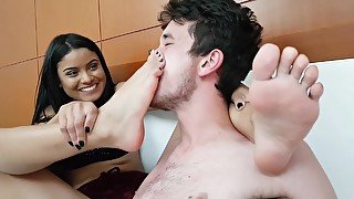 Dominant Girlfriend Makes Her Boyfriend Gag On Her Sexy Feet On The Bed