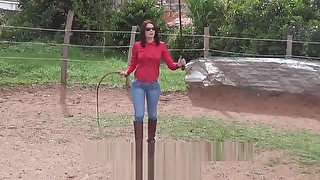 Femdom FM Whipping by riding woman in jeans