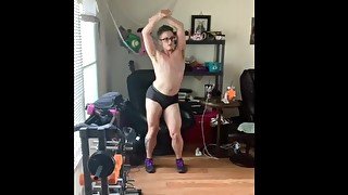 Cute trans man works up a sweat playing Just Dance in his underwear