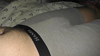 precum orgasm in bed, finishing in briefs