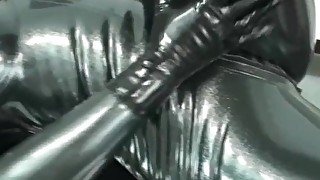 Encased In Black Latex Catsuit With Rubber Mask And Breathplay Masturbation