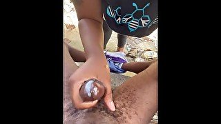 Ebony stroking dick in abandoned backyard (CumShot)