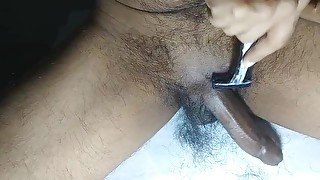 Cum on male cock hair while shaving