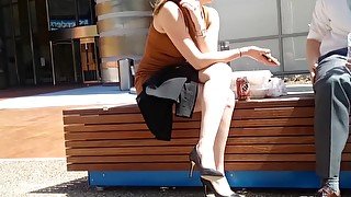 Tan dress black heels