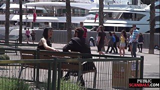 Petite naked teen 18+ humiliated in public by domina and lord