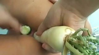 Kinky jade is getting her pussy stuffed with cucumber and her ass hole drilled with radish