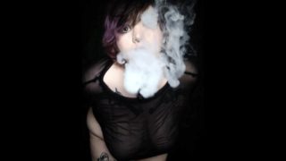 Curvy goth vaping in sheer outfit