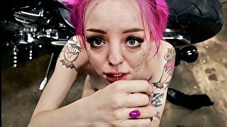 Pink Haired Teen Biker Chick Sucks and Swallows