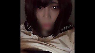 Japanese school girl femboy is fapping.