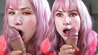 Girl with Pink Hair Sucking and Jerk Off Dick until Cum Mouth - Eye Contact