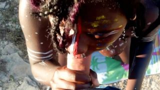 Ebony in tribal paint interracial suck and fuck outside creampie & piss POV