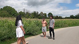 Outdoor foursome with naughty mature woman and their hubbies