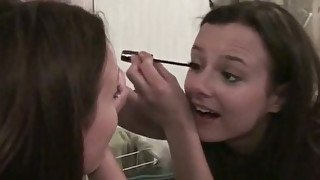 Sweet Russian girl Nastys puts on makeup while BF rubs her tits