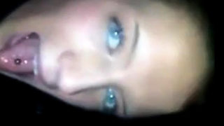 Blue eyes showing and swallowing cum