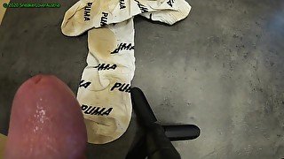 Cumshot on worn white Puma Socks