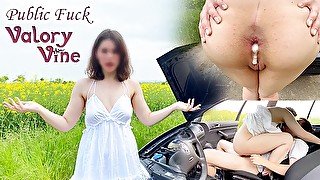 Fixed a cute girls car and she paid with anal creampie !Almost caught!  Cowgirl  Doggystyle