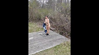 Doing a bridge nude on hiking trail.