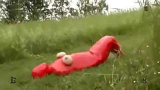 Mummified girl get pulled by other two slave girls