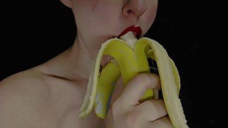 Hot sexy red lips licking and sucking lollypop and other food