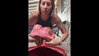 Sexy milf pissing pussy trying to catch it in a water can drip drip