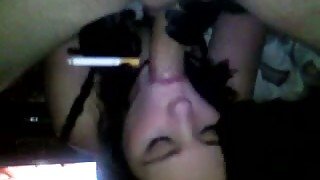 Smoking brunette slut is sucking my dick deepthroat