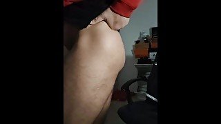 Young bodybuilder flexes thighs and jerk thick cock