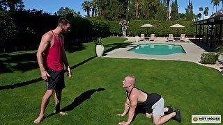 Blonde bald gay guy deepthroated hardcore outdoors