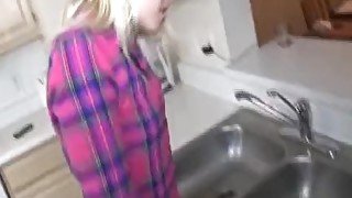 Cute teen handjob in the kitchen