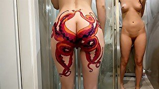 Spying on my stepsister in shower to see her octopus ass tattoo