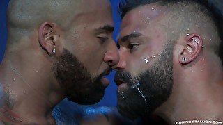 Bald gay dude makes out with a friend while he fucks his ass