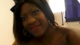 Black dumpy bitch swallows hard dick of white kinky cameraman