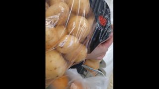 Stepmom risky handjob in supermarket makes stepson cum on her hands 