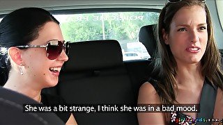 Lesbian pussy licking in the car between Michelle Louie and Carrie