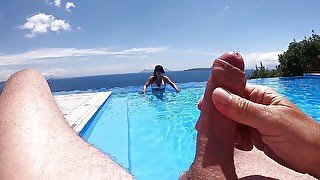 Blown off stranger cock in the pool outdoor