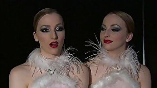 Petite blonde Porcelain Twinz in sexy uniforms presenting a hot show