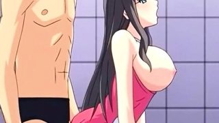 Swimsuit anime bigboobs poking from behind