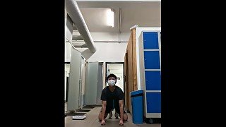 Asian college student doggy style training in public restroom