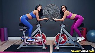 Two athletic latinas having fun with various sex toys