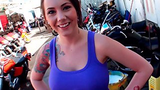 Bosomy biker babe polishes dick of one raunchy dude