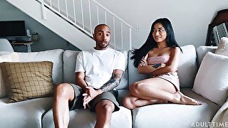 Cute miniature Asian chick Avery Black jumps on a long black penis