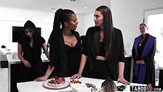 Bella Rolland And Kira Noir - Lesbian Sex At A Funeral With Ebony Kira