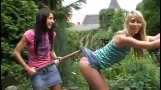 Playful teens have lesbian sex outdoors