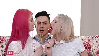 Guy tempted into sex with blonde and her pink-haired bestie