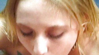 Blonde teen gets her pretty face sprayed with warm load