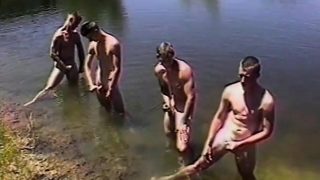 Four guys go skinny dipping and explore each other's masculine cocks