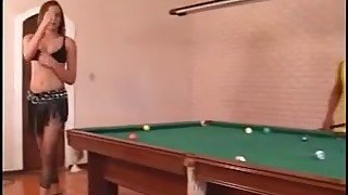 Pool table is perfect for hard threesome sex with a shemale