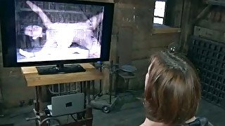 Slim redhead bitch with pale skin suffers in the barn