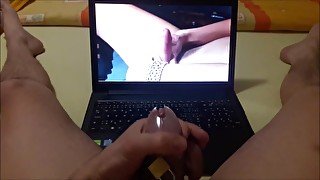 Men in chastity he watches handjob foreign penis