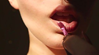 Petite Brunette Puts on Lipstick Mouth Fetish